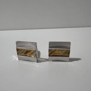 Vintage Anson Silver tone square cufflinks w mixed metal rectangle bullet back